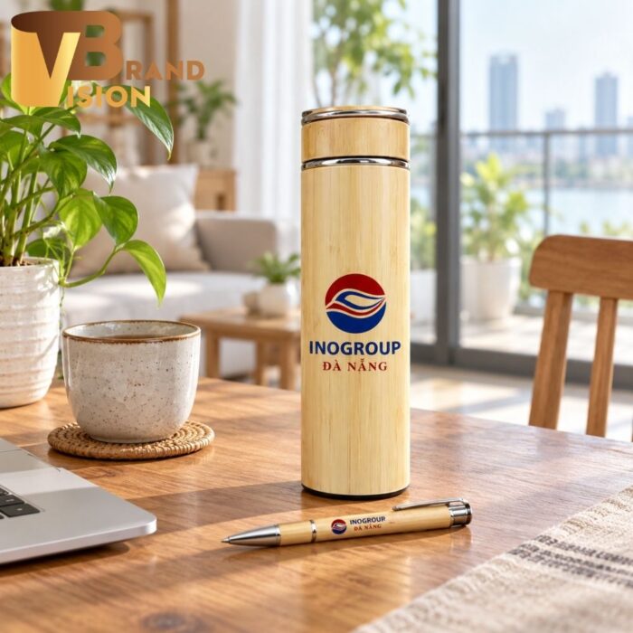 Bộ quà tặng bút gỗ và bình giữ nhiệt vỏ tre