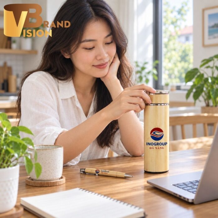 Bộ quà tặng bút gỗ và bình giữ nhiệt vỏ tre