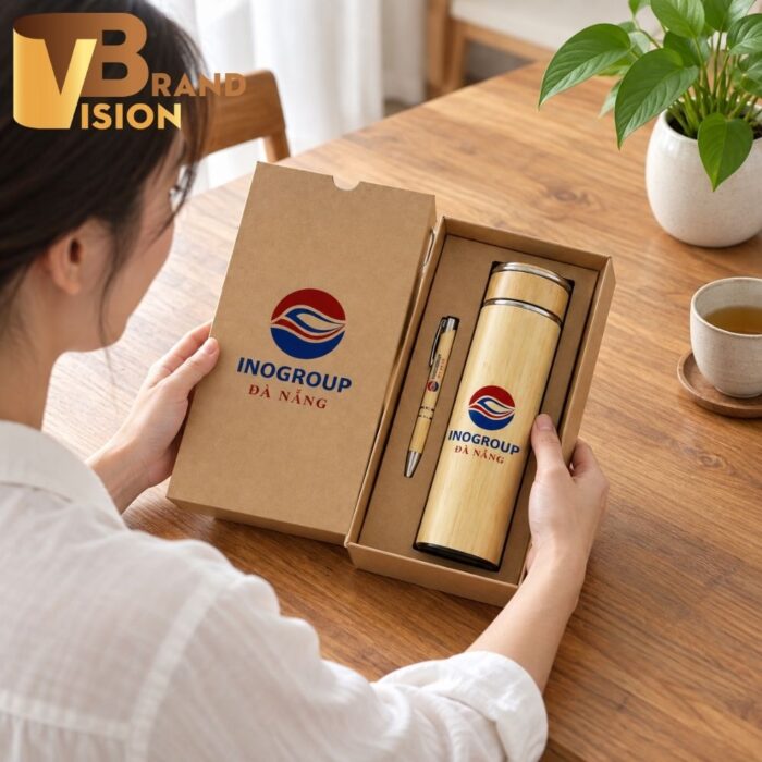 Bộ quà tặng bút gỗ và bình giữ nhiệt vỏ tre