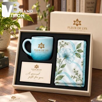 Bộ Giftset Khăn Lụa Và Cốc Sứ Hỏa Biến In Logo