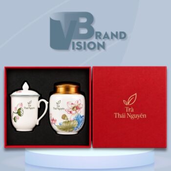 Bộ Giftset Hũ Đựng Trà Và Ly Sứ Vẽ Tay In Logo GS-44