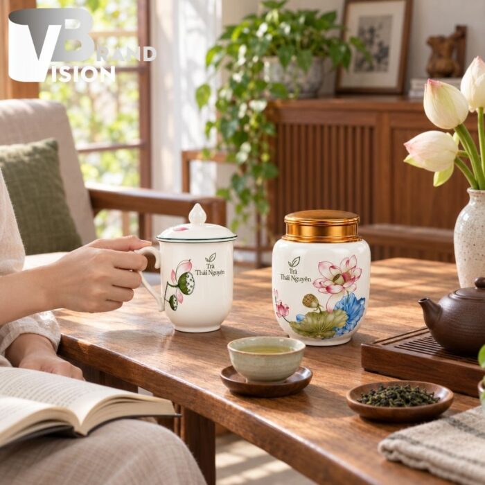 Bộ quà tặng hũ trà và cốc sứ có nắp in logo