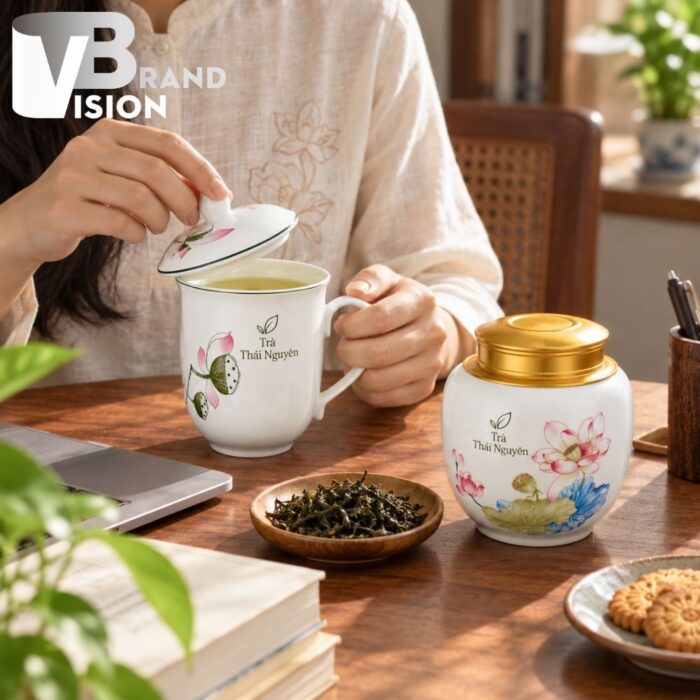 Bộ quà tặng hũ trà và cốc sứ có nắp in logo