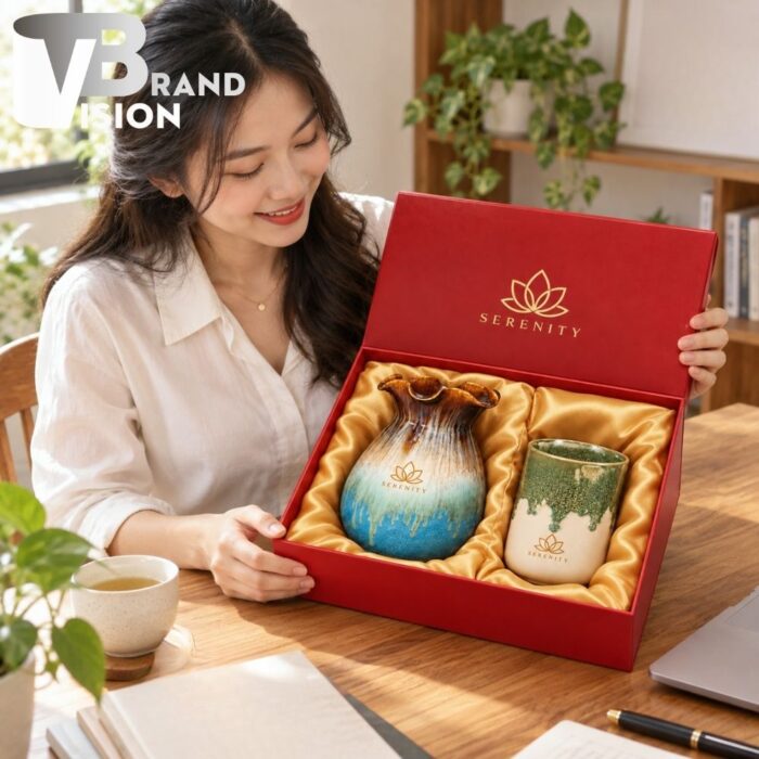Bộ giftset lọ hoa và cốc sứ men hỏa biến
