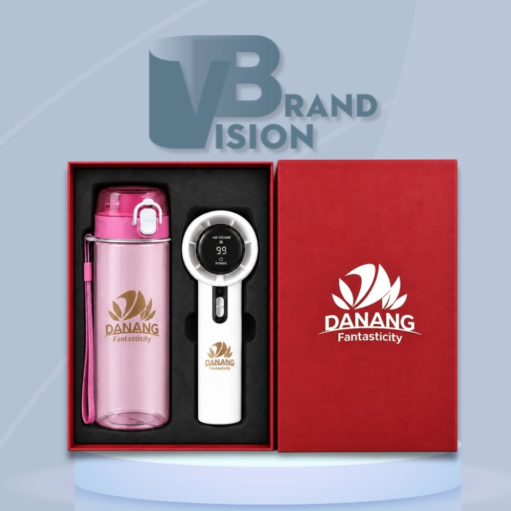 Set Quà Tặng Quạt Điện Cầm Tay Và Bình Nước Nhựa In Logo