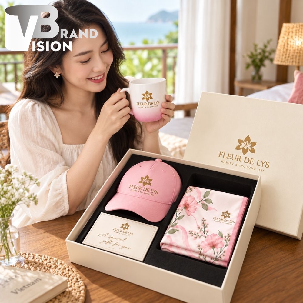 Bộ Giftset 3 Món Mũ Lưỡi Trai, Cốc Sứ Và Khăn Lụa In Logo Quà 20/10