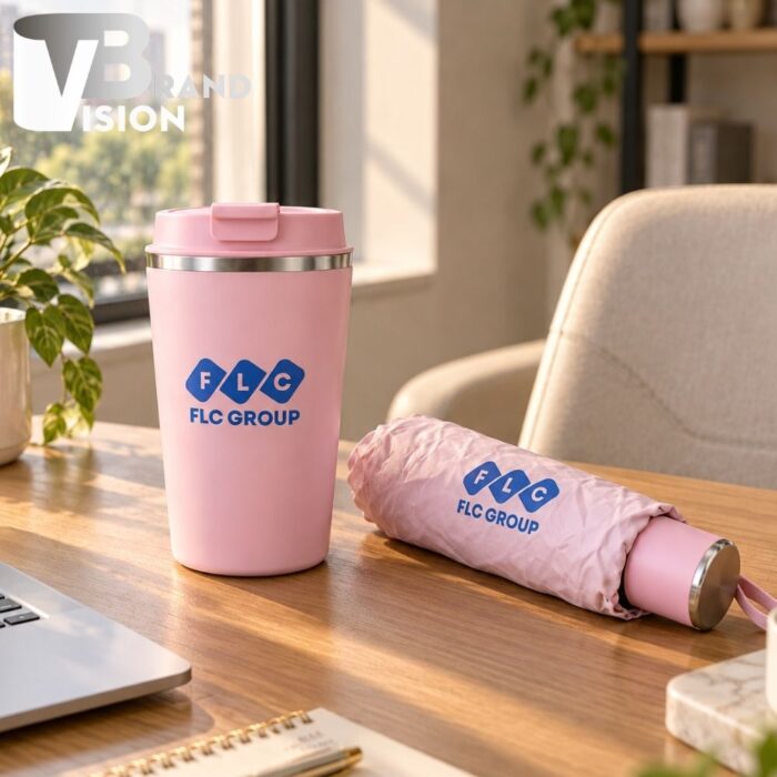 Bộ quà tặng ô dù và cốc giữ nhiệt in logo