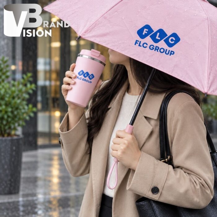 Bộ quà tặng ô dù và cốc giữ nhiệt in logo