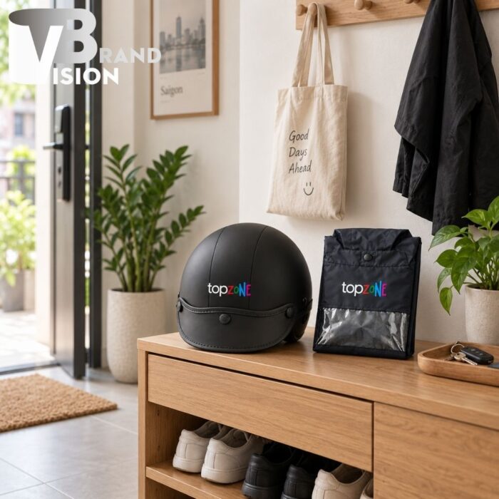 Set quà tặng mũ bảo hiểm và áo mưa in logo